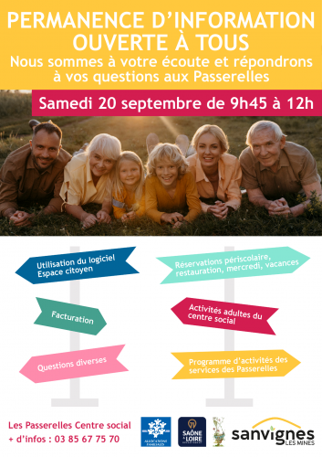 affiche permanence d'information ouverte à tous aux Passerelles