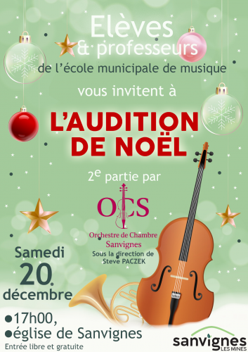 audition de nnoel de l'école de musique à l'église le samedi 20 décembre à 18hh