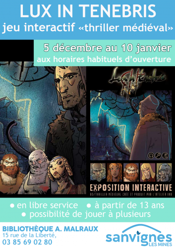 affiche jeu interactif à la bibliothèque du 5 décembre au 10 janvier 2026 à partir de 13 ans thriller médiéval