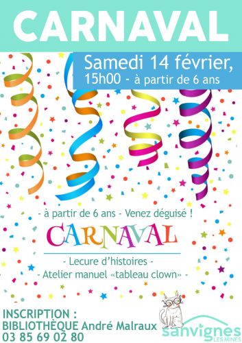 Carnaval le samedi 14 février à partir de 15h et de 6 ans. Lecture, atelier manuel.