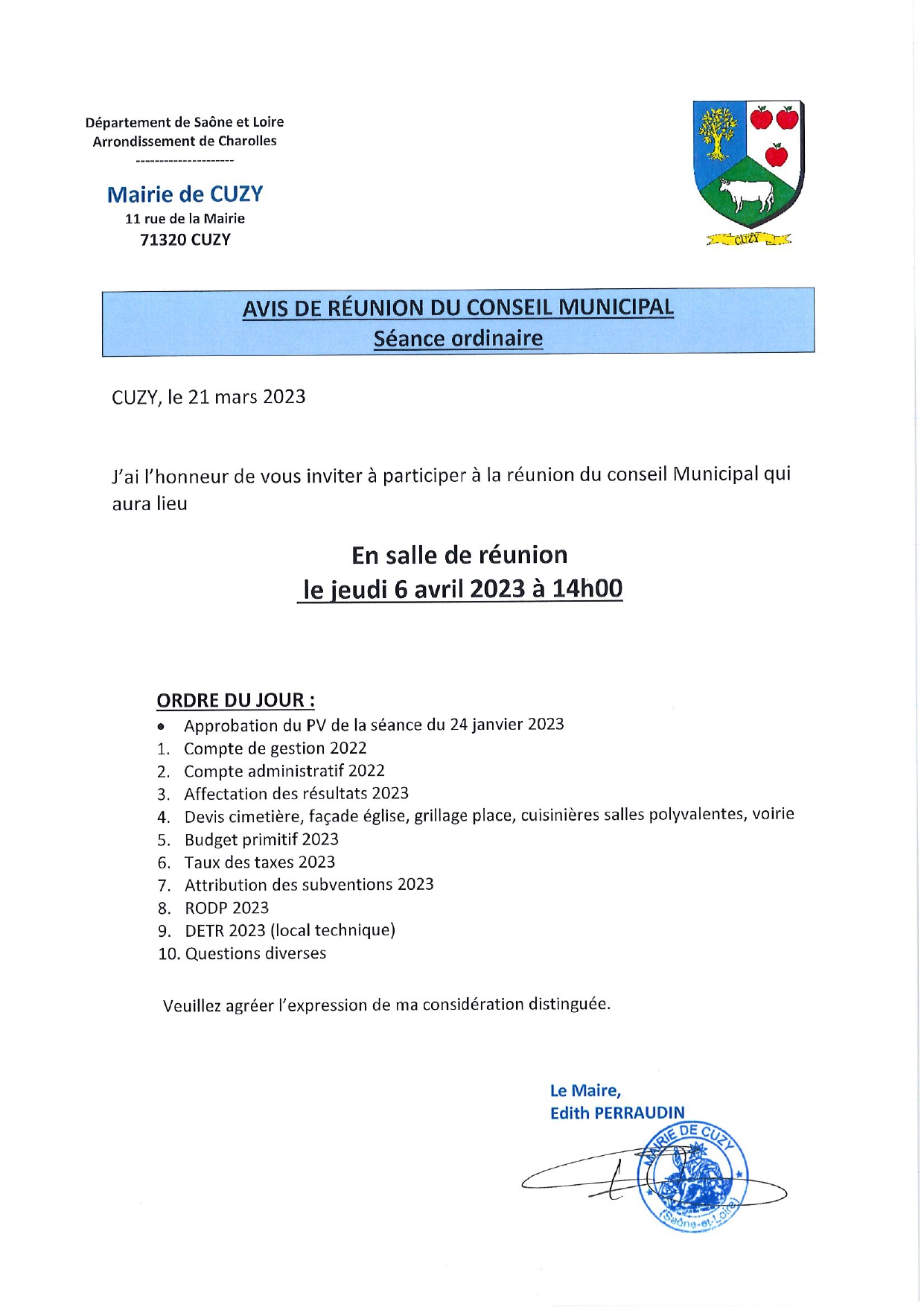 Avis de réunion du Conseil Municipal du 06.04.2023