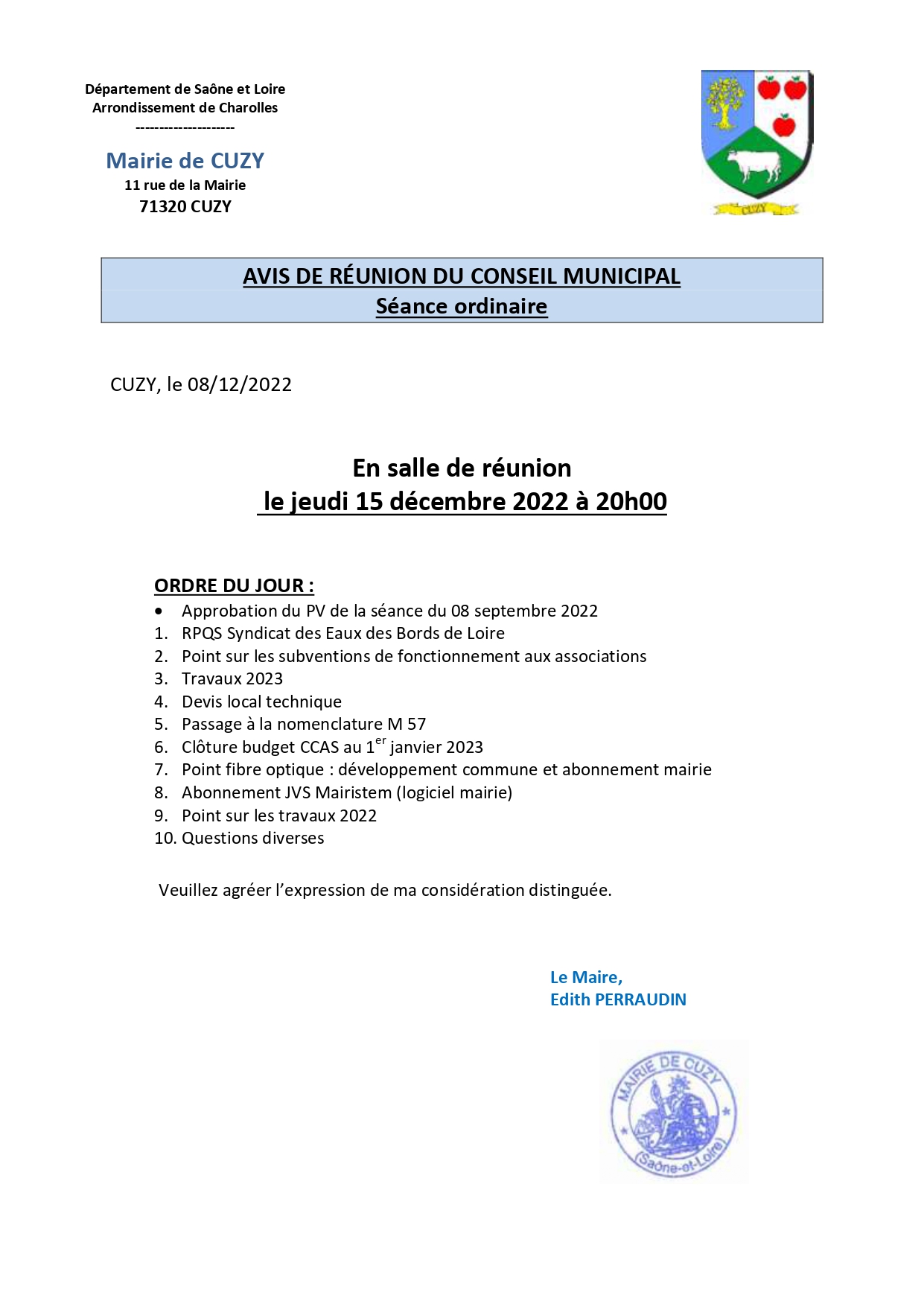 Avis de réunion du Conseil Municipal