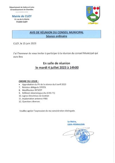 Avis de réunion du Conseil Municipal